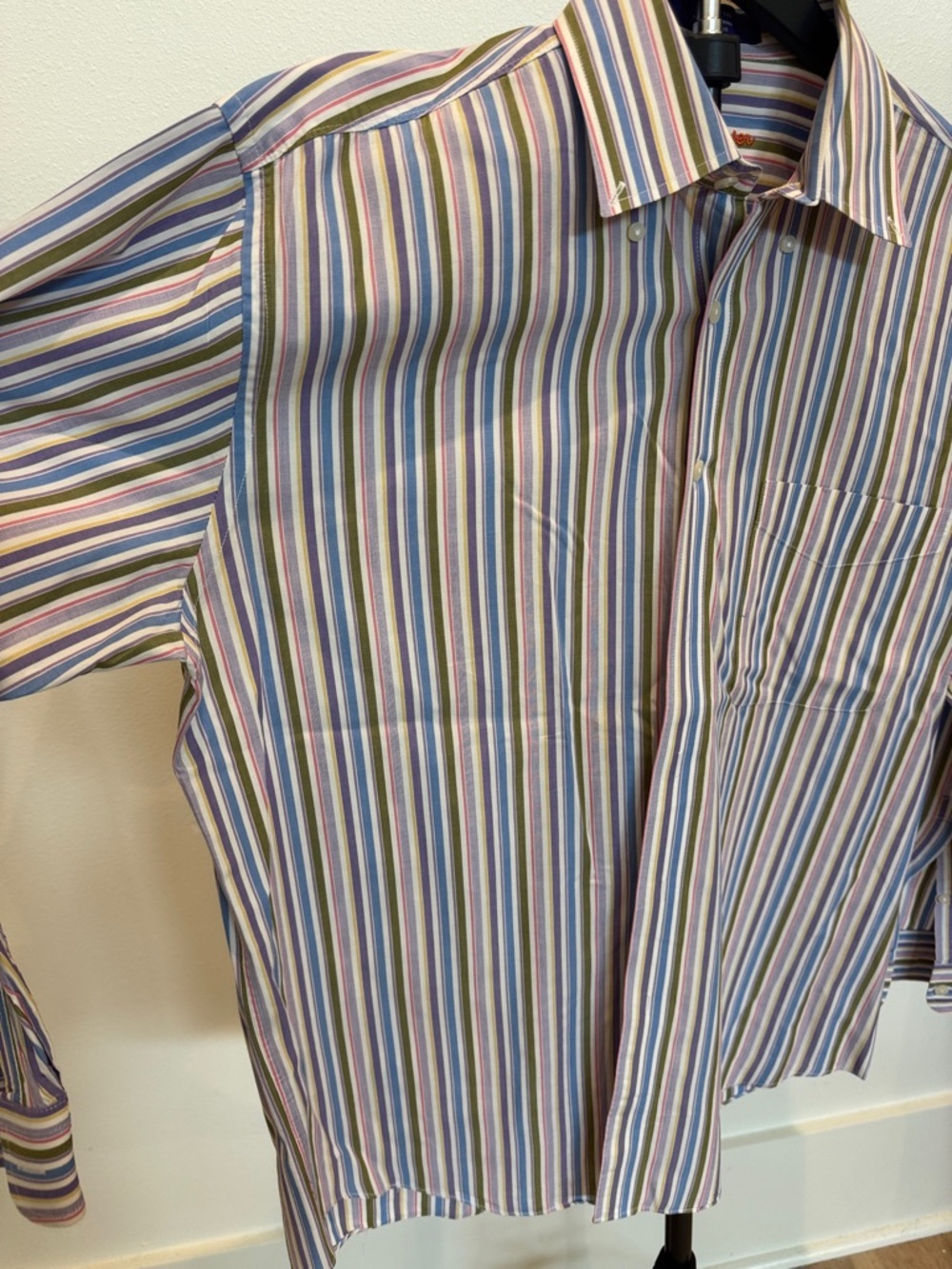 Alan Flusser Multicolor Vertical Stripe Dress Shirt — Blue, Green, Purple, Pink - Picture 4 of 5